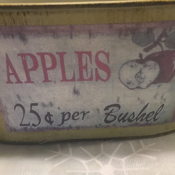 Apples Metal Decorating fruit Bucket 9”x5”x6” Lt Green Distressed look W Handles - Picture 2 of 6